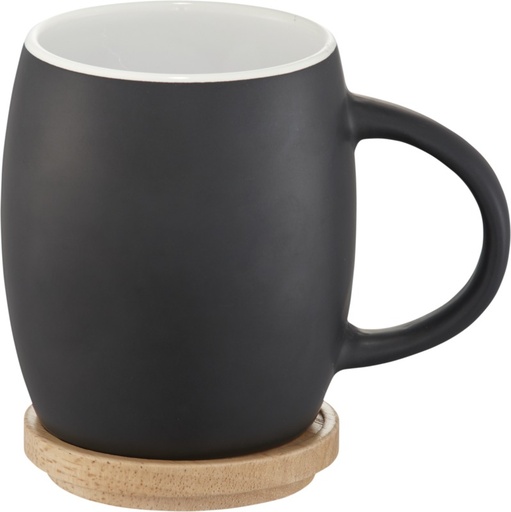 [10046600] Hearth 400 ml ceramic mug with wooden coaster (Solid black/White)