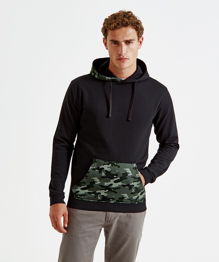 [AQ047BGNCS] Men's camo trimmed hoodie (Black/Green Camo, S)