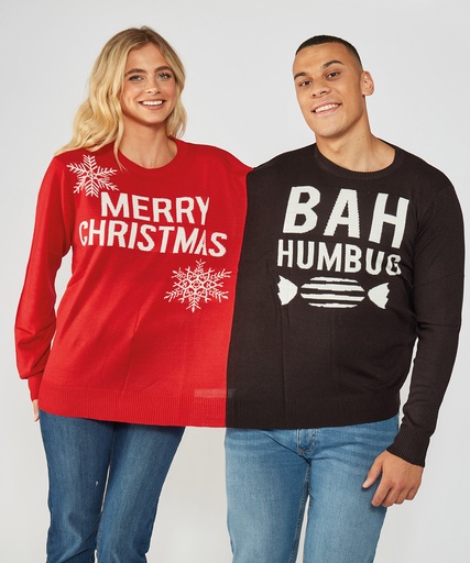 [CJ006RDBK] Adults Double Merry Christmas/Bah Humbug Christmas Jumper