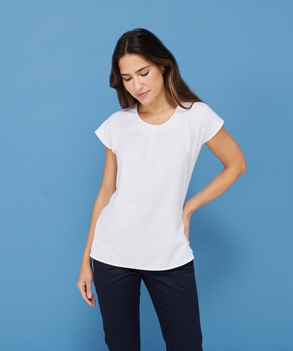 [HB597WHITXS] Women's pleat front short sleeve blouse (White, XS)