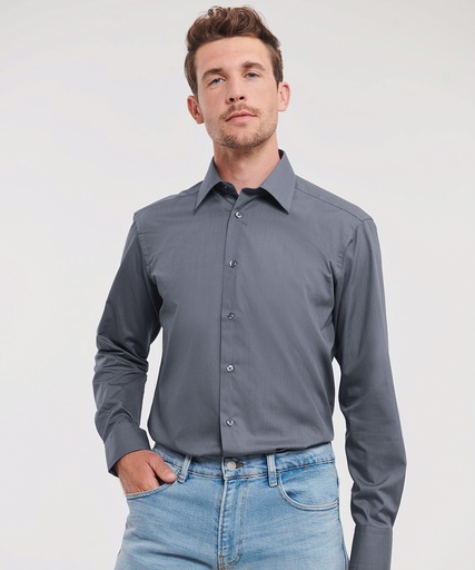 [J924MWHITS] Long sleeve polycotton easycare fitted poplin shirt (White, S)