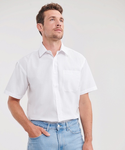 [J935MWHITS] Short sleeve polycotton easycare poplin shirt (White, S)