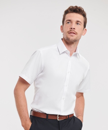 [J963MWHIT14.5] Short sleeve herringbone shirt (White, 14.5)