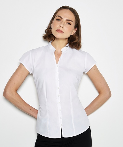 [KK727WHIT8] Women's continental blouse mandarin collar cap sleeve (tailored fit) (White, Wom 8)