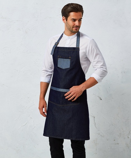 [PR127BKDE] Domain contrast denim bib apron (Black Denim)