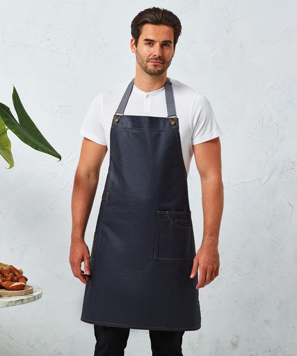 [PR134BKDE] District waxed-look denim bib apron (Black Denim)