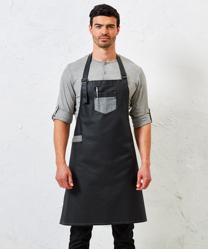 [PR136BKDE] Division waxed-look denim bib apron with faux leather (Black Denim)