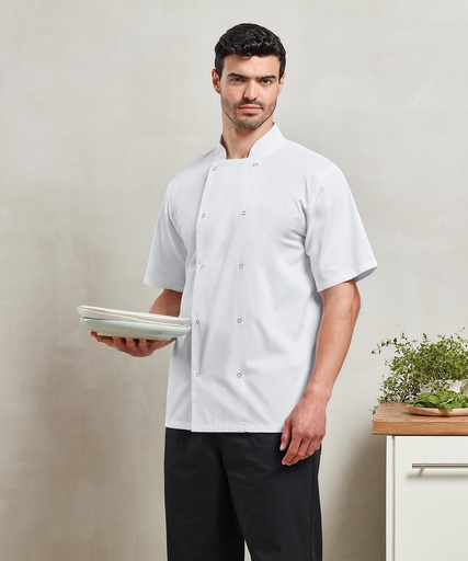 [PR664WHITXS] Studded front short sleeve chef's jacket (White, XS)