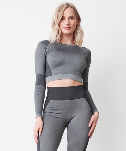 [TL352LGBK2XL3] Women's seamless panelled long sleeve crop top (Light Grey/Black, 2XL/3XL)